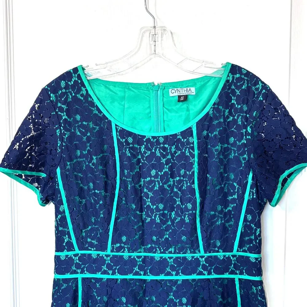 Cynthia Rowley Wms 10 Short Sleeve Blue Green Lace Floral Overlay Sheath Dress - Picture 4 of 9